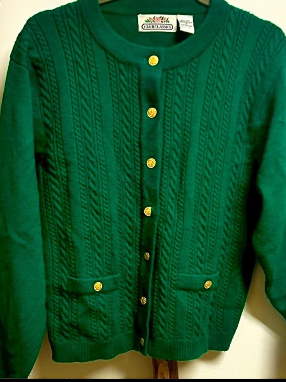Vintage Classic Emerald Green 100% Wool Cardigan with Gold Buttons Medium